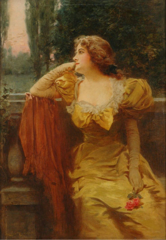 Portrait of a Lady in a Gold Gown Seated in a Landscape Holding a Rose, vintage artwork by John Leon Moran, 12x8" (A4) Poster