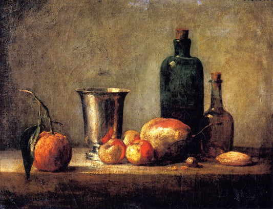 Seville Orange, Silver Goblet, Apples, Pear and Two Bottles, vintage artwork by Jean-Baptiste-Simeon Chardin, 12x8" (A4) Poster