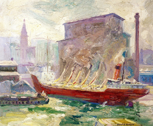 Loading a Grain Freighter, vintage artwork by Albert Henry Krehbiel, 12x8" (A4) Poster