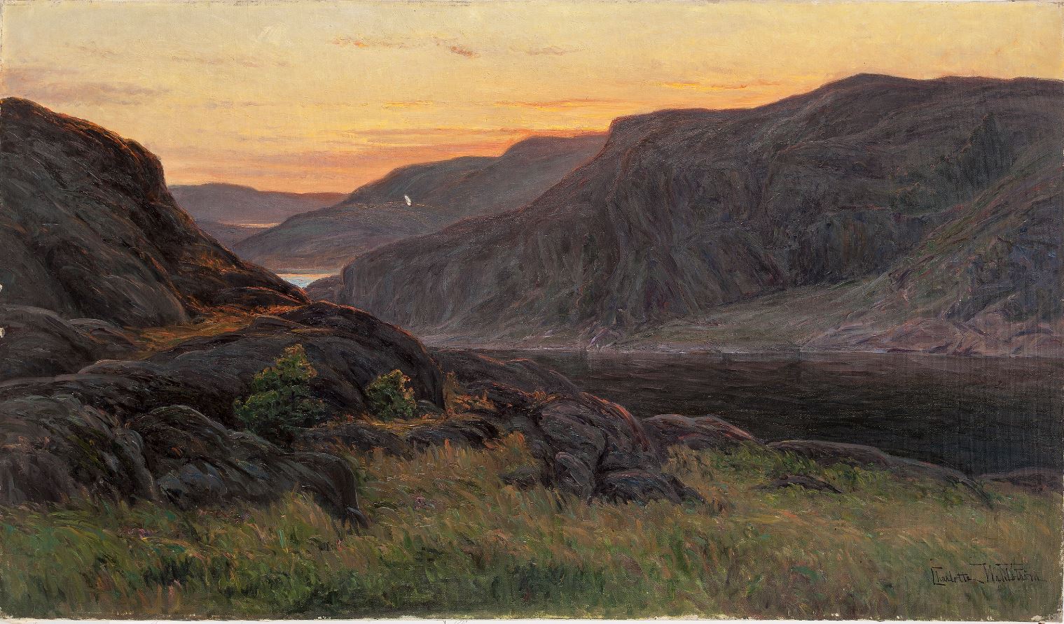 Fjord Landscape, vintage artwork by Charlotte Wahlstrom, 12x8" (A4) Poster