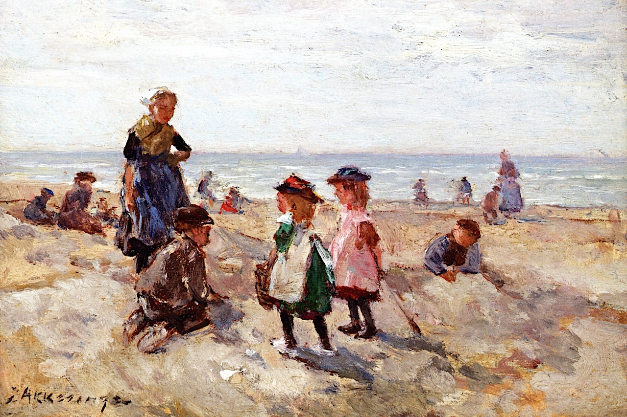 Children Playing on the Beach, vintage artwork by Johannes Evert Hendrik Akkeringa, 12x8" (A4) Poster