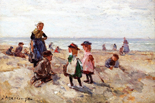 Children Playing on the Beach, vintage artwork by Johannes Evert Hendrik Akkeringa, 12x8" (A4) Poster