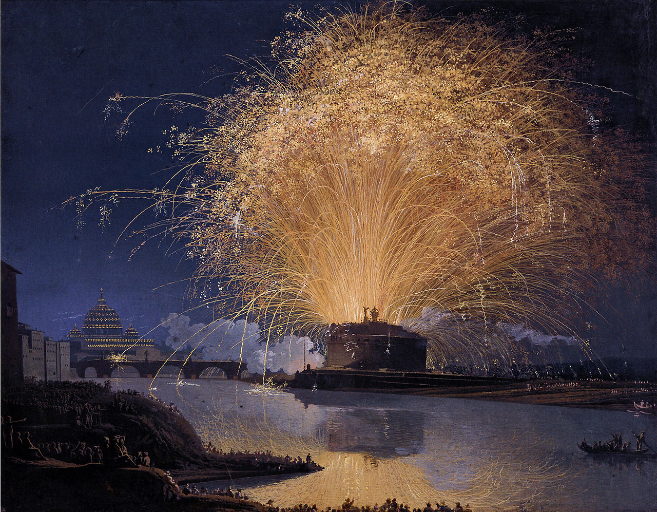 Fireworks over Castel Sant'Angelo in Rome, 1775, vintage artwork by Jakob Philipp Hackert, 12x8" (A4) Poster
