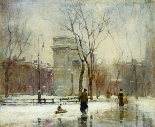 Winter in Washington Square, vintage artwork by Paul Cornoyer, 12x8" (A4) Poster