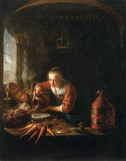 Woman Pouring Water into a Jar, vintage artwork by Gerrit Dou, 12x8" (A4) Poster