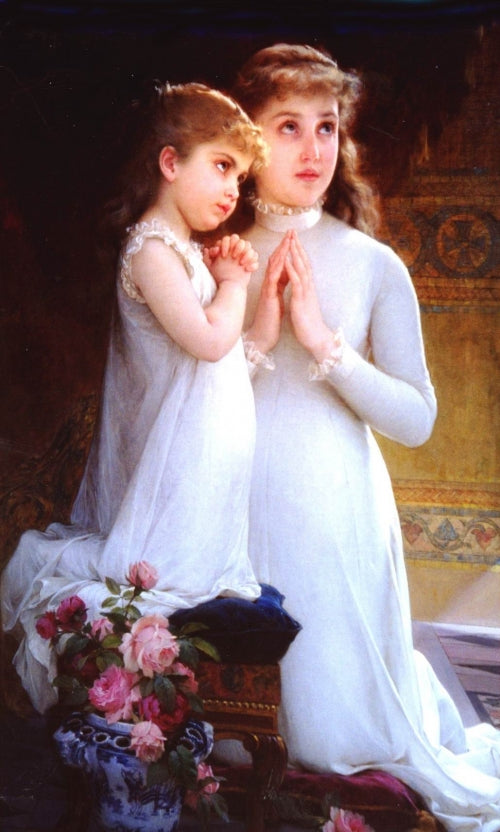 Two Girls Praying, vintage artwork by Émile Munier, 12x8" (A4) Poster