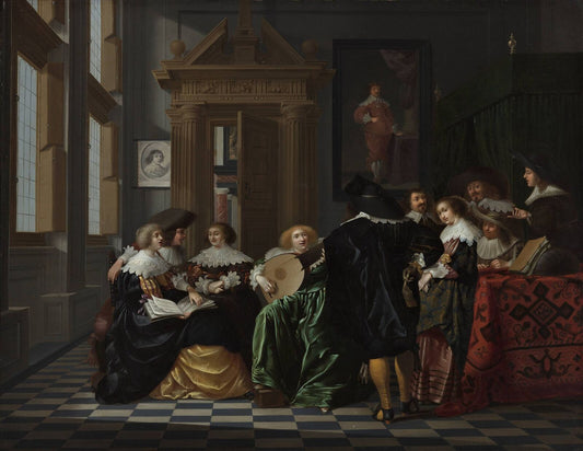 A Musical Company in a Renaissance Hall, vintage artwork by Dirck van Delen, 12x8" (A4) Poster