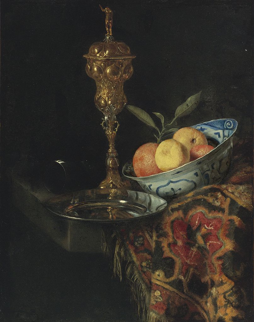 A still life with a bowl of oranges, a pewter plate and a gilt cup, vintage artwork by Christiaen Striep, 12x8" (A4) Poster