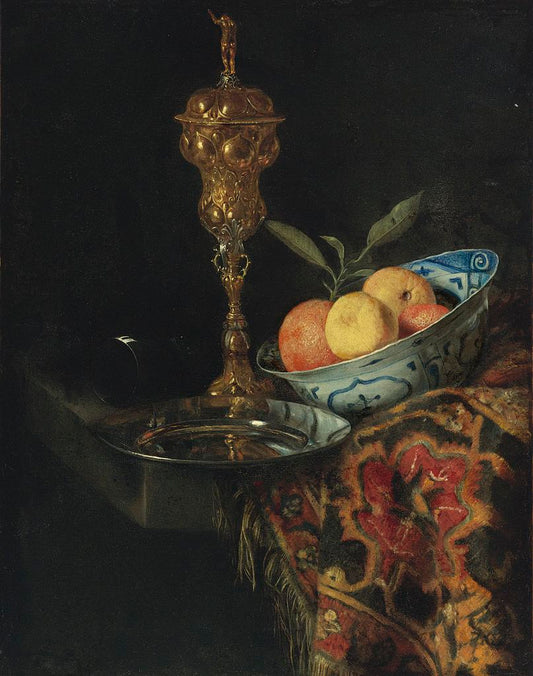 A still life with a bowl of oranges, a pewter plate and a gilt cup, vintage artwork by Christiaen Striep, 12x8" (A4) Poster