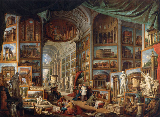 Gallery of Views of Ancient Rome, vintage artwork by Giovanni Paolo Panini, 12x8" (A4) Poster