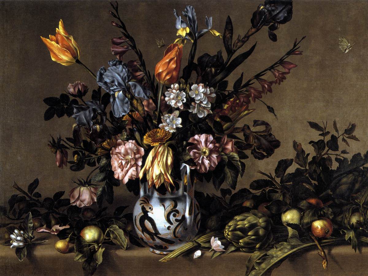 Still-life with Flowers, Artichokes and Fruit, vintage artwork by Antonio Ponce, 12x8" (A4) Poster