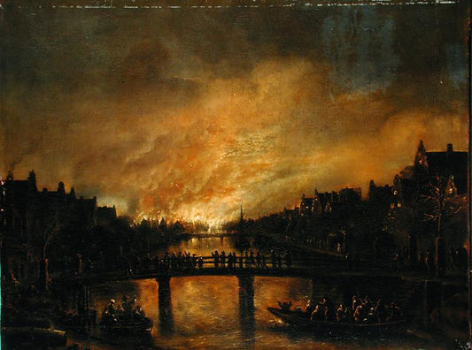 Blaze in Amsterdam, vintage artwork by Aert van der Neer, 12x8" (A4) Poster