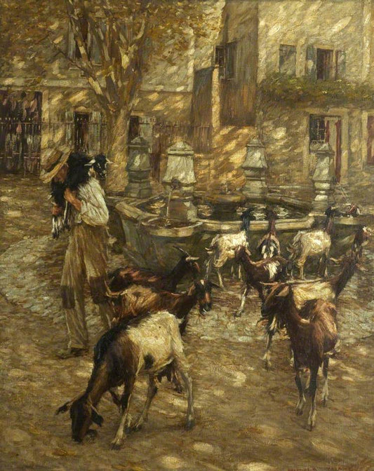Goats at a Fountain, vintage artwork by Henry Herbert la Thangue, 12x8" (A4) Poster