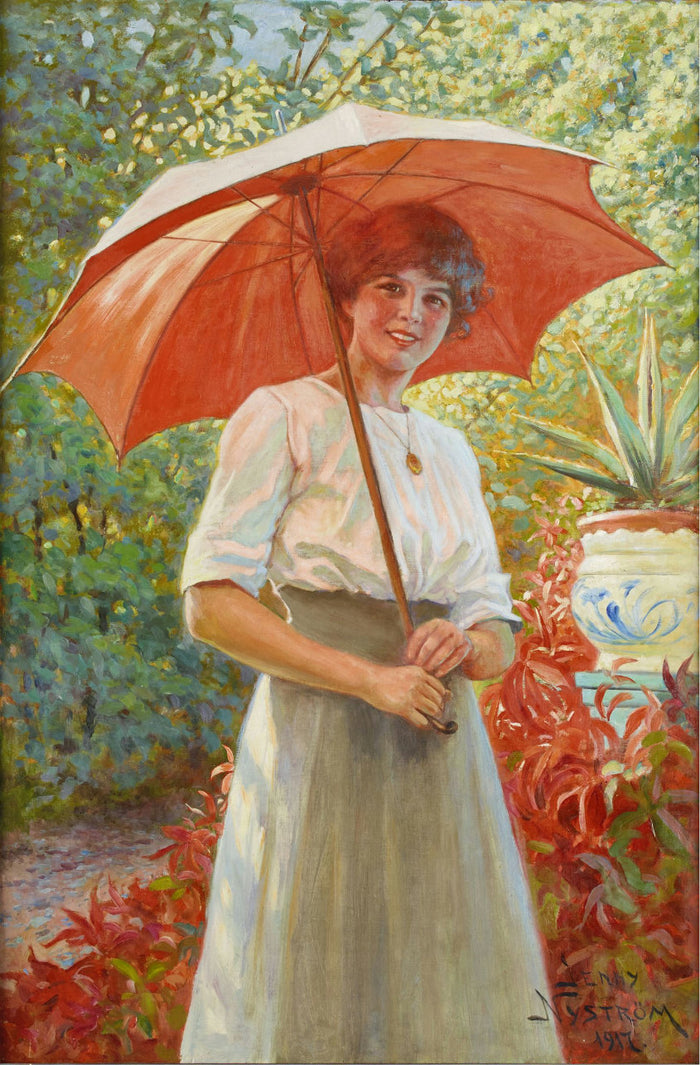 The Red Parasol, vintage artwork by Jenny Nyström, 12x8