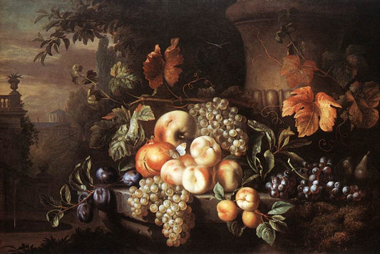 Fruit-piece with Stone Vase, vintage artwork by Jakob Bogdány, 12x8" (A4) Poster