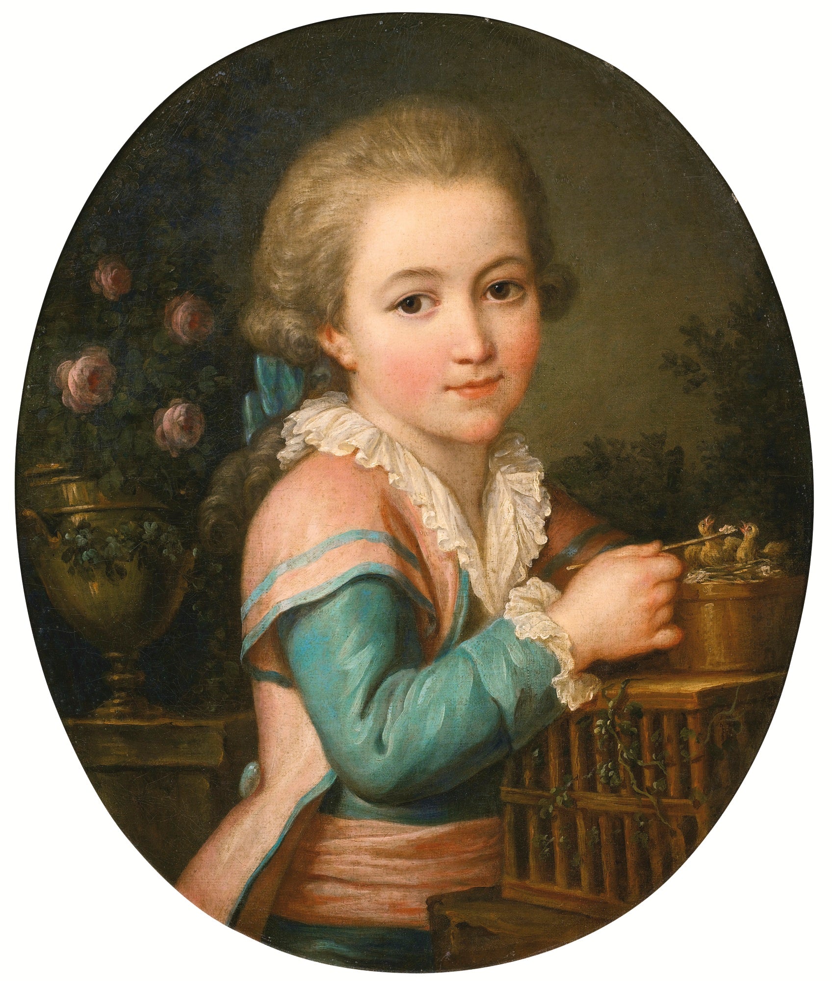 Portrait of a Young Boy Feeding Birds, vintage artwork by Marie-Victoire Lemoine, 12x8" (A4) Poster