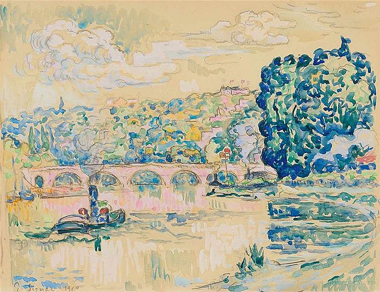 The Bridge at Sevres, vintage artwork by Paul Signac, 12x8" (A4) Poster