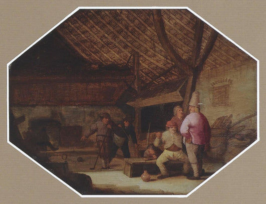 A barn interior with peasants conversing and playing ball, vintage artwork by Bartholomeus Molenaer, 12x8" (A4) Poster