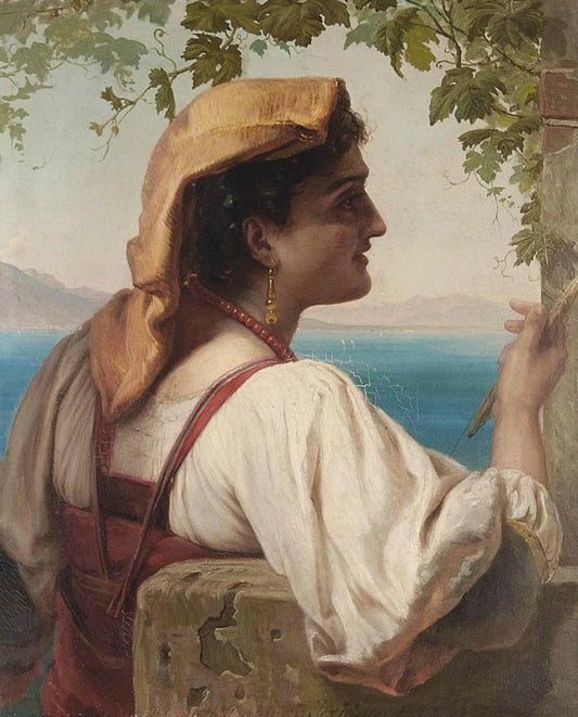 An Italian Maiden Mending Nets on the Bay of Naples, vintage artwork by Elisabeth Jerichau-Baumann, A3 (16x12") Poster Print