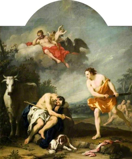 Story of Argus 03, Mercury about to Kill Argus Having Lulled Him to Sleep, vintage artwork by Jacopo Amigoni, 12x8" (A4) Poster