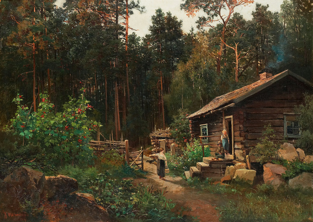 Cottage in the forest, vintage artwork by Josefina Holmlund, 12x8" (A4) Poster