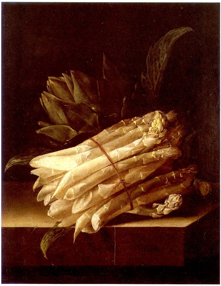Still Life with Asparagus and Artichoke, vintage artwork by Adriaen Coorte, 12x8" (A4) Poster