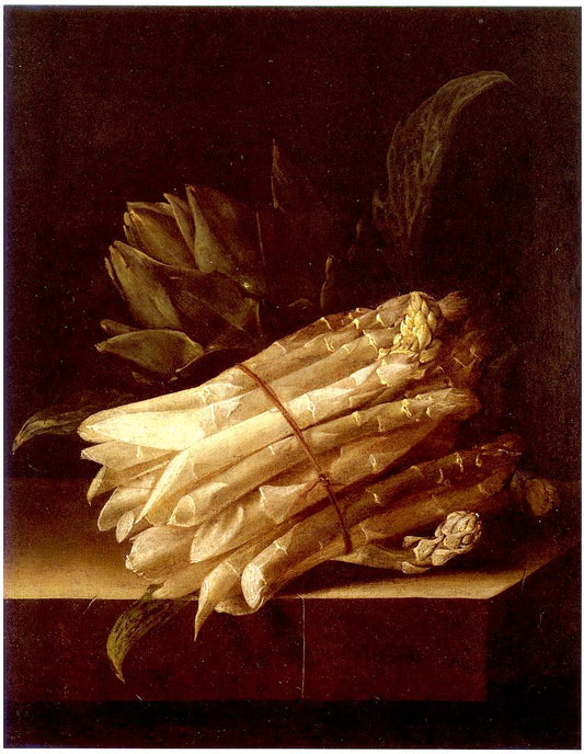 Still Life with Asparagus and Artichoke, vintage artwork by Adriaen Coorte, 12x8" (A4) Poster