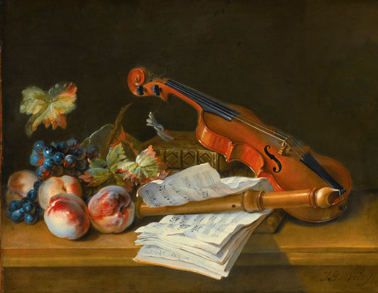 Still Life with a Violin, a Recorder, Books, a Portfolio of Sheet of Music, Peaches and Grapes, vintage artwork by Jean-Baptiste Oudry, 12x8" (A4) Poster