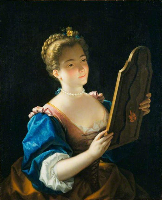 Portrait of a Lady Looking at her Mirror, vintage artwork by Jean Raoux, 12x8" (A4) Poster