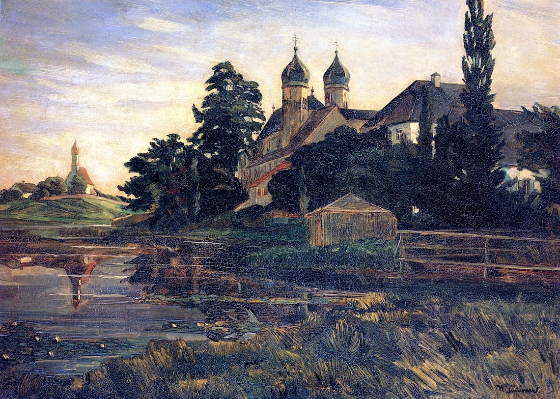 Seeon Monastery with Boat House, vintage artwork by Wilhelm Trübner, 12x8" (A4) Poster