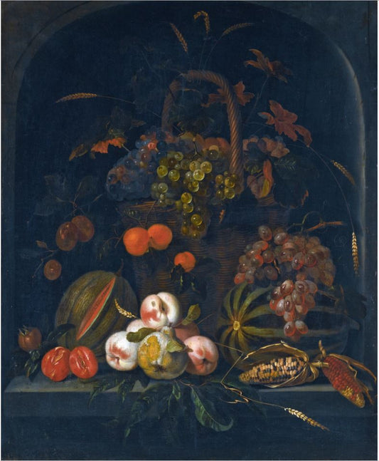 A Still Life Of Grapes, Peaches And Corn In a Basket, On a Stone Ledge With Melons And Apricots, vintage artwork by Ernst Stuven, 12x8" (A4) Poster