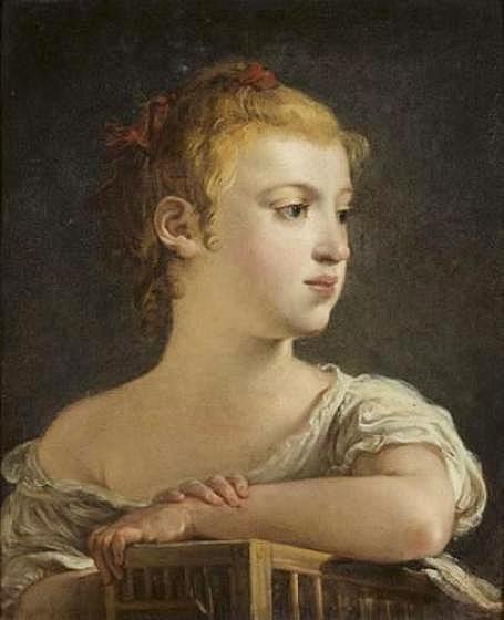 Portrait of a Young Girl Leaning on a Birdcage, vintage artwork by Hugues Taraval, 12x8" (A4) Poster
