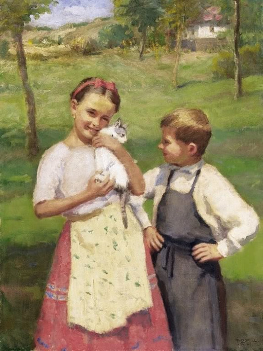 Children with a Kitten, vintage artwork by Janos Laszlo Aldor, 12x8" (A4) Poster