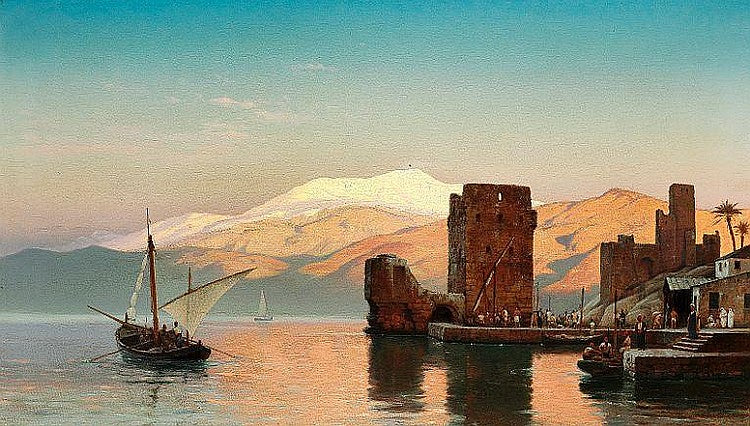 Evening light in a harbour, presumably from Northern Africa, vintage artwork by Carl Neuman, 12x8" (A4) Poster