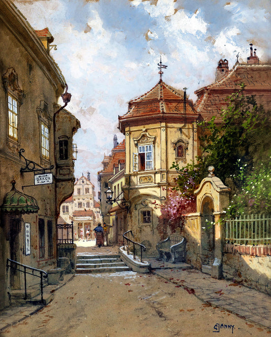 Kleines Stadtpalais, Blick auf einen Platz, vintage artwork by Georg Janny, 12x8" (A4) Poster