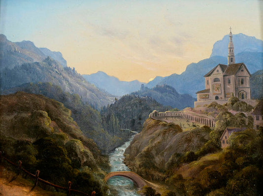 Mountainous Landscape with a River Valley and an Abbey at Evening Light, vintage artwork by Carl Gustav Carus, A3 (16x12") Poster Print