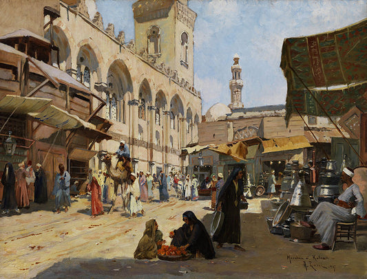 Arab market in Kalun, vintage artwork by Alberto Rossi, 12x8" (A4) Poster
