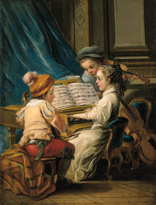 Allegories of Fine Arts as Children - Music (second version), vintage artwork by Carle van Loo, 12x8" (A4) Poster