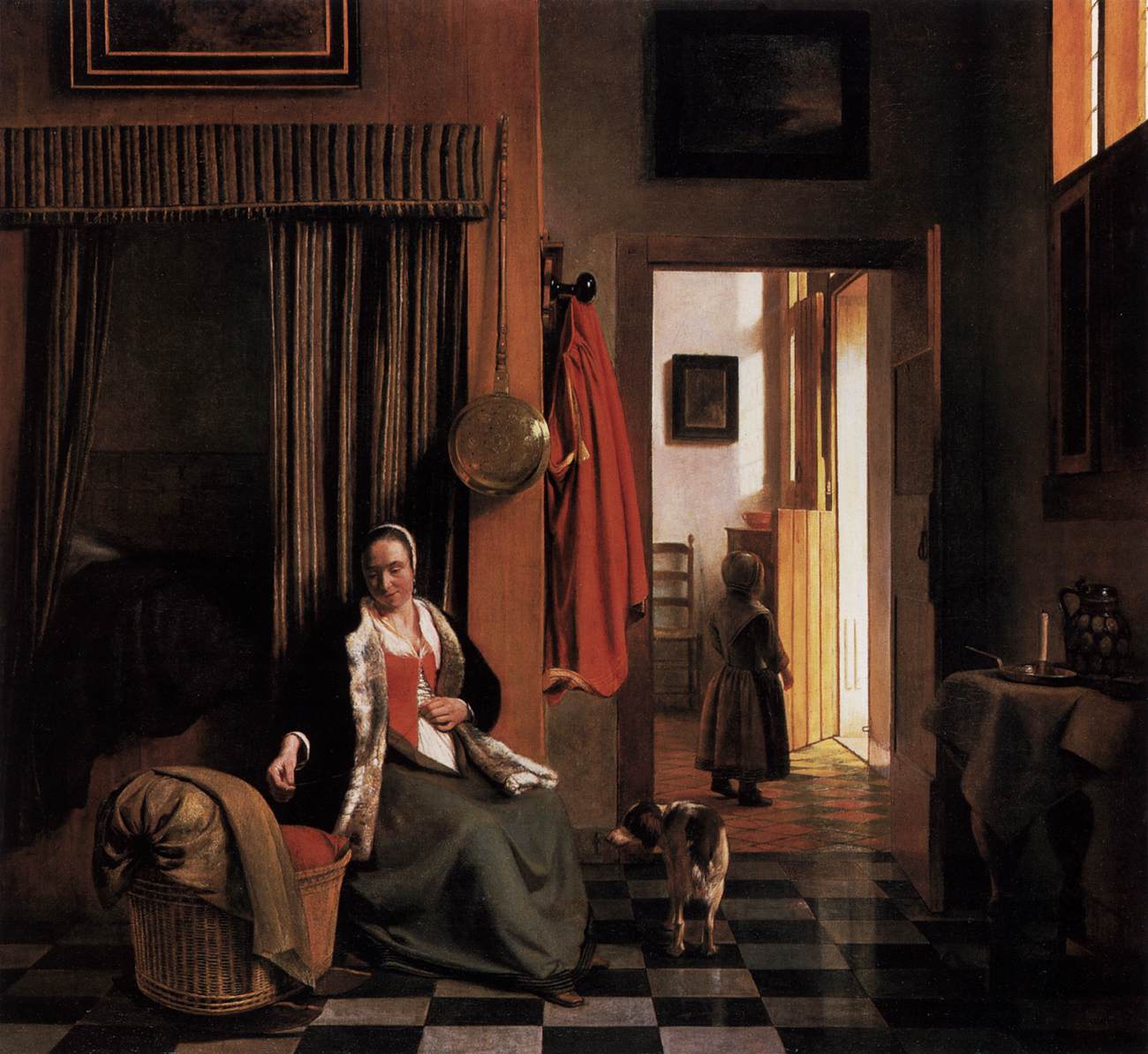 Mother Lacing Her Bodice beside a Cradle, vintage artwork by Pieter de Hooch, 12x8" (A4) Poster