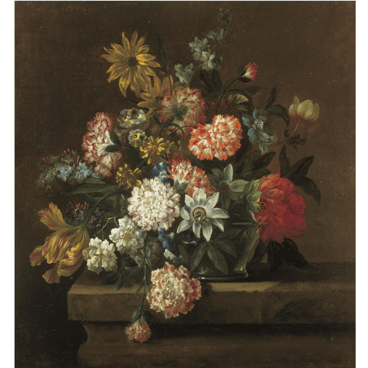 Still life with chrysanthemums, morning glory, a tulip and other flowers in a glass vase, vintage artwork by Jean-Baptiste Belin de Fontenay, 12x8" (A4) Poster