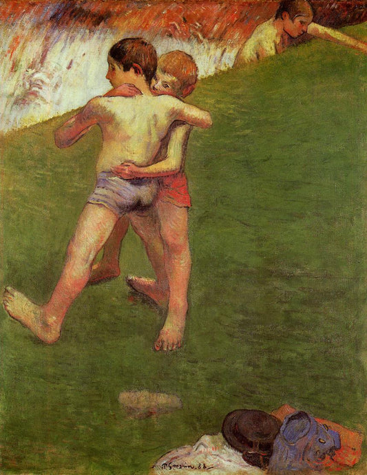 Breton Boys Wrestling, vintage artwork by Paul Gauguin, 12x8" (A4) Poster