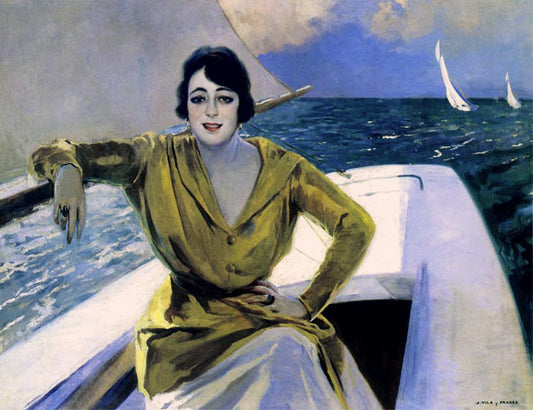 Mujer en la Barca, vintage artwork by Julio Vila y Prades, 12x8" (A4) Poster