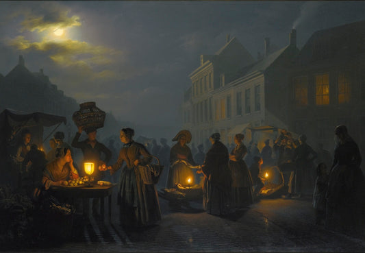 A Market at Dusk, vintage artwork by Petrus van Schendel, A3 (16x12") Poster Print