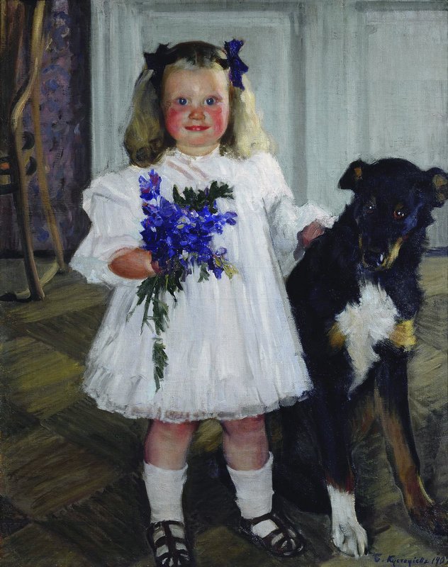 The Artist's Daughter, Irina, with a Dog, vintage artwork by Boris Mikhailovich Kustodiev, 12x8" (A4) Poster