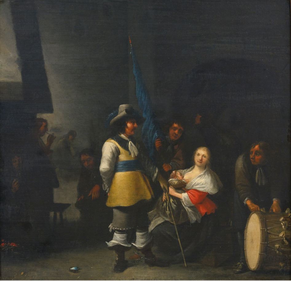 Interior of a Guardroom with Soldiers, an officer and a Young Woman, vintage artwork by Anthonie Palamedesz, 12x8" (A4) Poster
