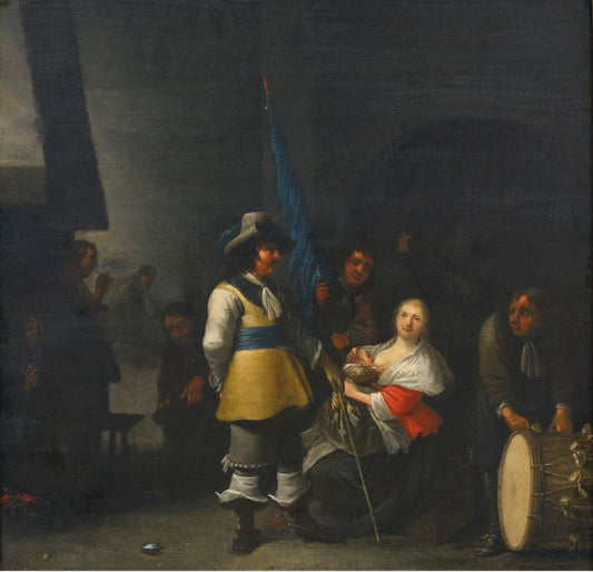 Interior of a Guardroom with Soldiers, an officer and a Young Woman, vintage artwork by Anthonie Palamedesz, 12x8" (A4) Poster