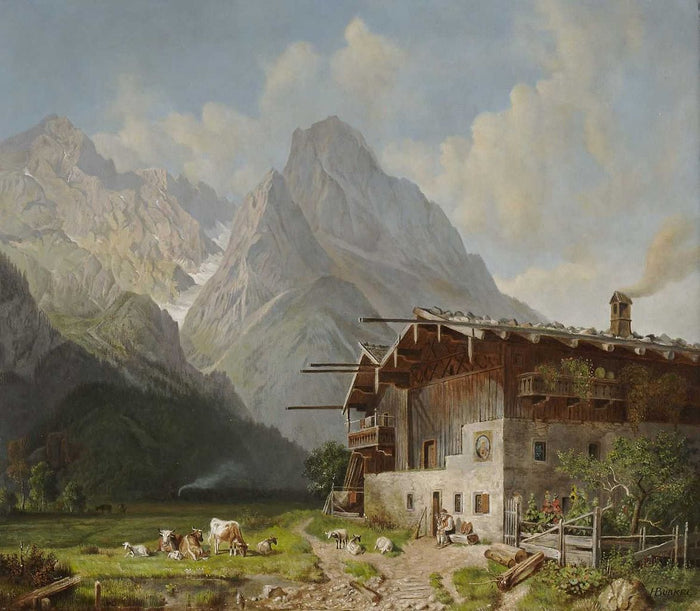 Farm before Garmisch. In the background the Wettersteingebirge, vintage artwork by Heinrich Bürkel, A3 (16x12
