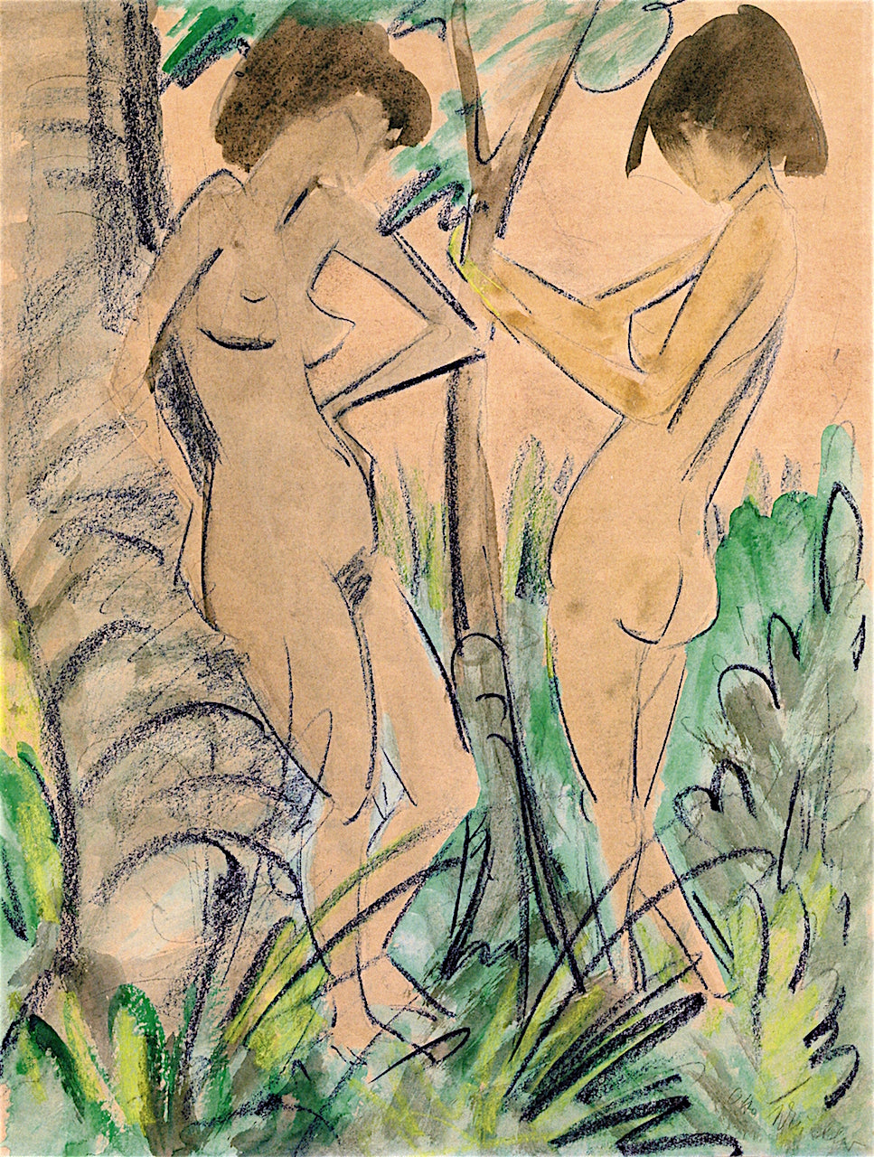 Two Nudes in the Woods, vintage artwork by Otto Mueller, 12x8" (A4) Poster
