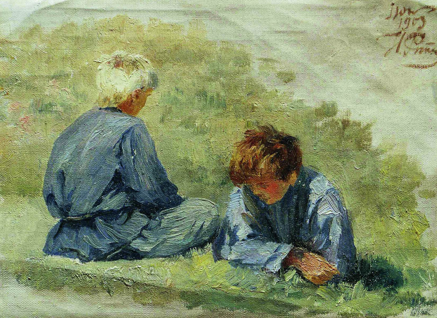 Boys on the Grass, vintage artwork by Ilia Efimovich Repin, 12x8" (A4) Poster