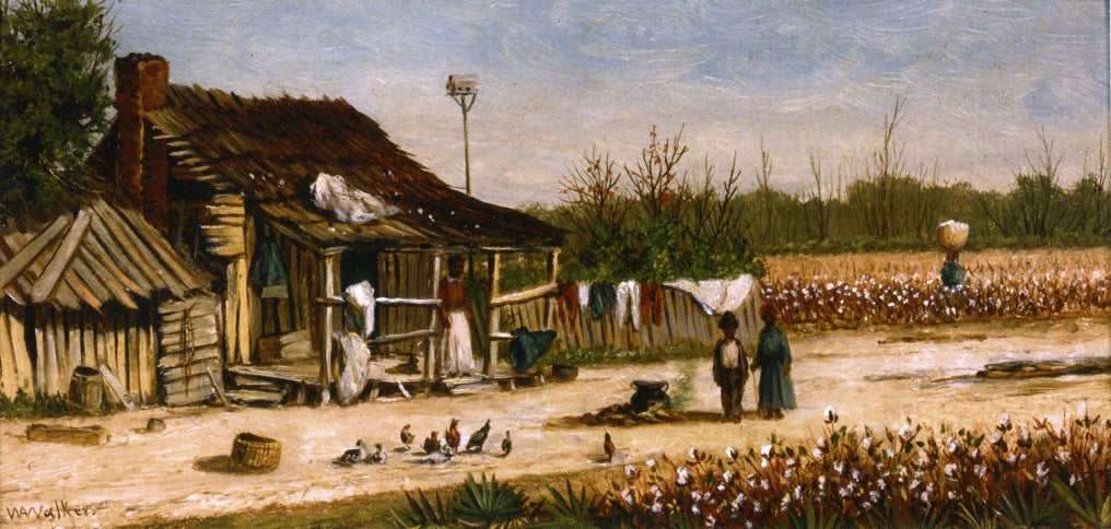 Cabin Scene with Birdhouse, Chickens and Cotton Picker Carrying Basket of Cotton, vintage artwork by William Aiken Walker, 12x8" (A4) Poster